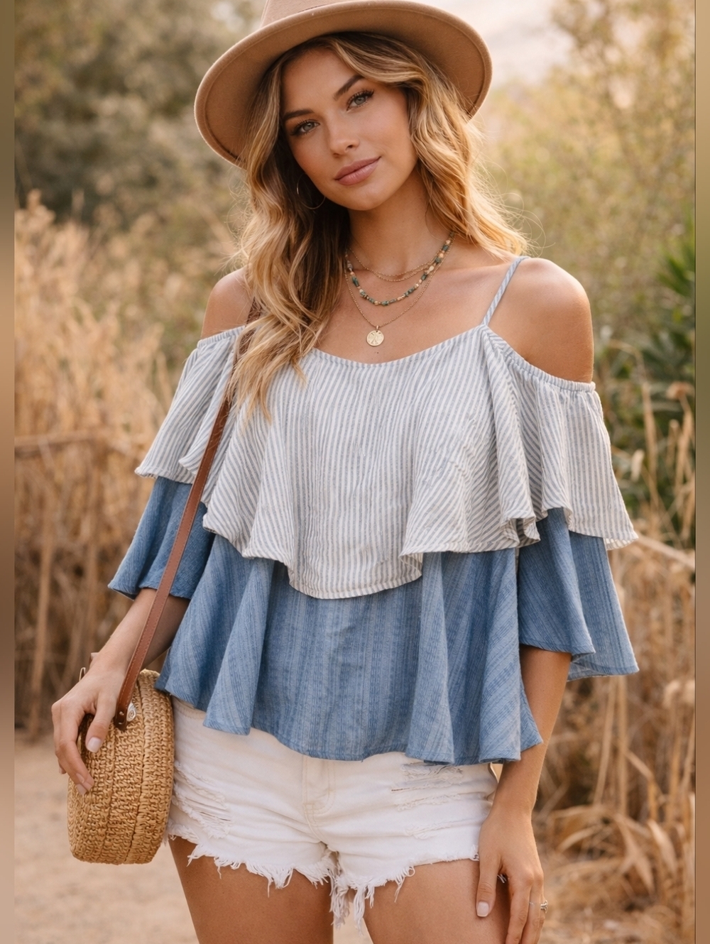 Listicle Blue White Striped Off Shoulder Ruffle Boho Top Size M